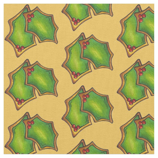 Green Holly Leaf Leaves Sugar Cookie Christmas Fabric (Close Up)