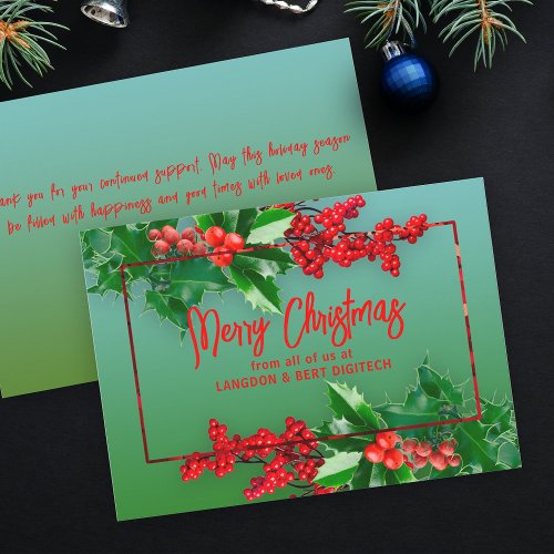 Green Holly Leaves Red Berries Business Christmas Holiday Card