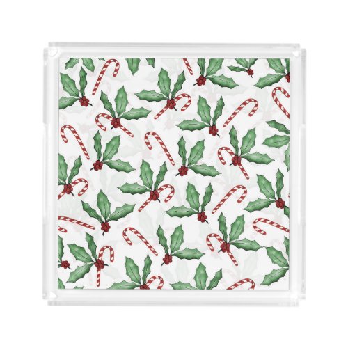 Green Holly Leaves Red Berries Candy Cane Paint Acrylic Tray
