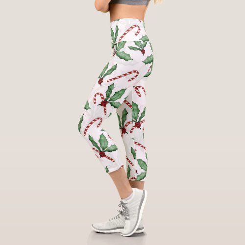 Green Holly Leaves Red Berries Candy Cane Paint Capri Leggings
