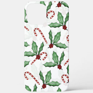 Green Holly Leaves Red Berries Candy Cane Paint iPhone 12 Pro Max Case