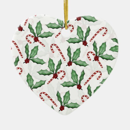 Green Holly Leaves Red Berries Candy Cane Paint Ceramic Ornament