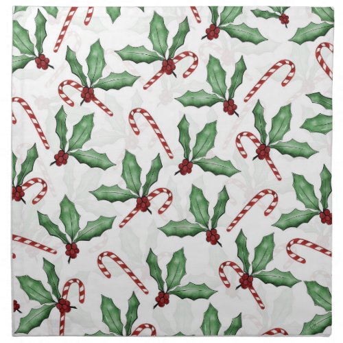 Green Holly Leaves Red Berries Candy Cane Paint Cloth Napkin