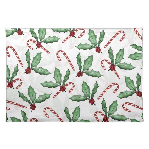 Green Holly Leaves Red Berries Candy Cane Paint Cloth Placemat