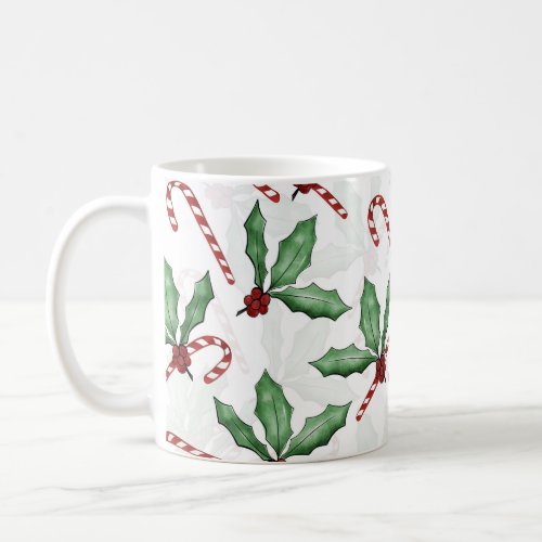 Green Holly Leaves Red Berries Candy Cane Paint Coffee Mug