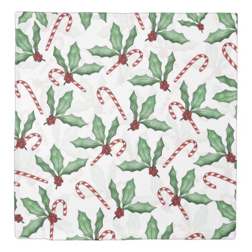 Green Holly Leaves Red Berries Candy Cane Paint Duvet Cover