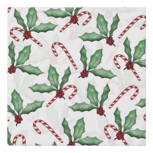 Green Holly Leaves Red Berries Candy Cane Paint Faux Canvas Print