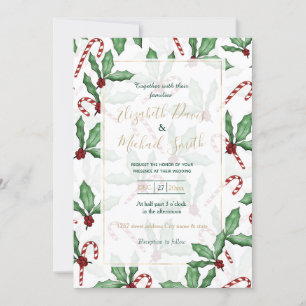 Green Holly Leaves Red Berries Candy Cane Paint Invitation