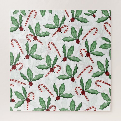 Green Holly Leaves Red Berries Candy Cane Paint Jigsaw Puzzle