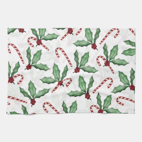 Green Holly Leaves Red Berries Candy Cane Paint Kitchen Towel
