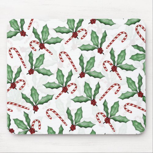 Green Holly Leaves Red Berries Candy Cane Paint Mouse Pad