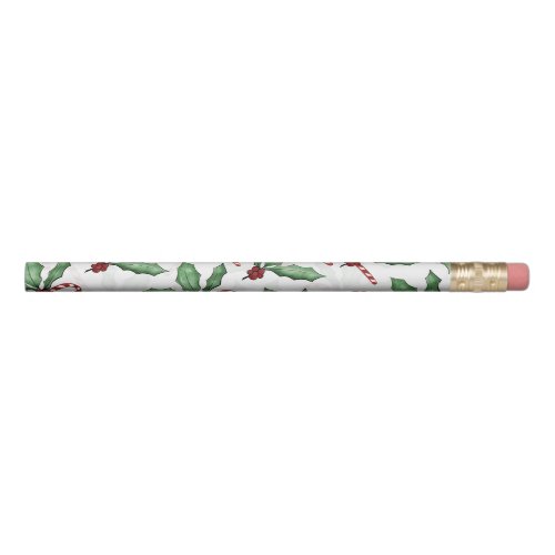 Green Holly Leaves Red Berries Candy Cane Paint Pencil