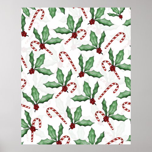 Green Holly Leaves Red Berries Candy Cane Paint Poster