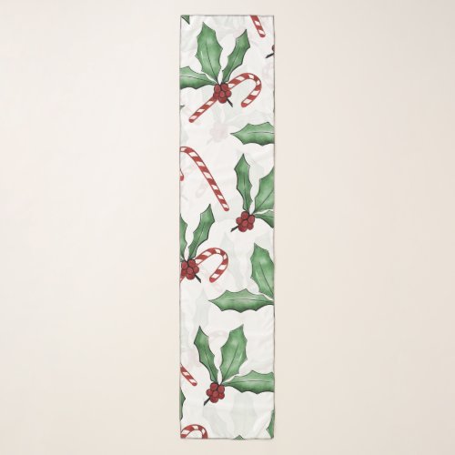 Green Holly Leaves Red Berries Candy Cane Paint Scarf