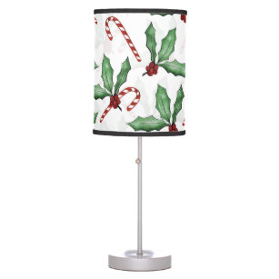 Green Holly Leaves Red Berries Candy Cane Paint Table Lamp