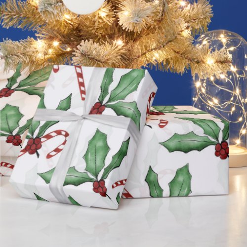 Green Holly Leaves Red Berries Candy Cane Paint Wrapping Paper