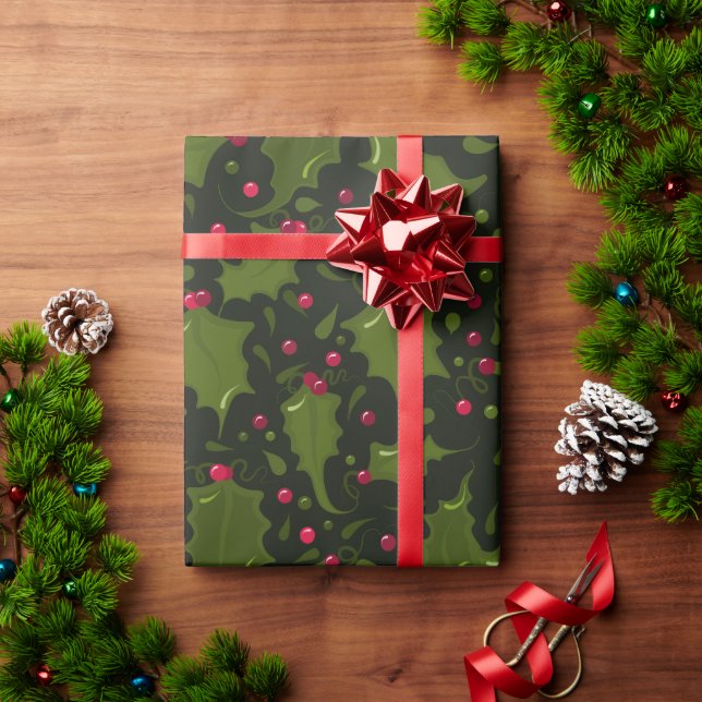 Green Holly Leaves Red Berries Christmas Wrapping Paper (Holiday Gift)