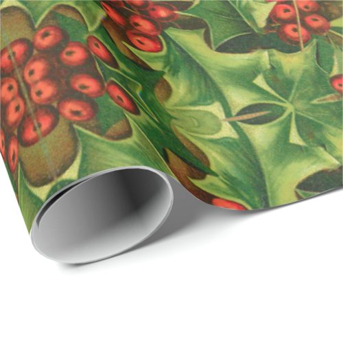 Green Holly Leaves Red Berries Vintage Christmas Wrapping Paper
