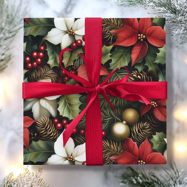 Green Holly Leaves Red Poinsettia Flower Christmas Wrapping Paper (Green Holly Leaves Red Poinsettia Flower Christmas Wrapping Paper)