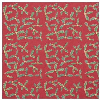 Green Holly Leaves with Yellow Flowers Red Fabric