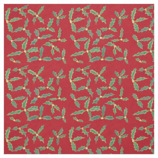 Green Holly Leaves with Yellow Flowers Red Fabric