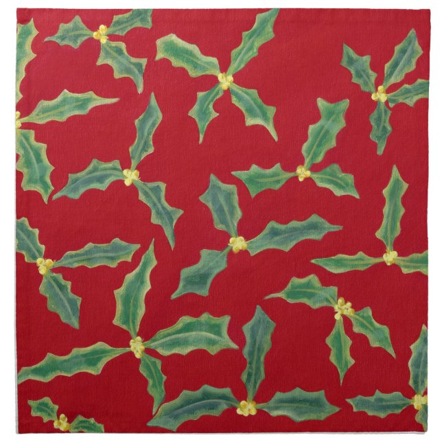 Green Holly Leaves Yellow Flowers Cloth Napkins (Front)