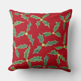 Green Holly Leaves, Yellow Flowers on Red Pillows