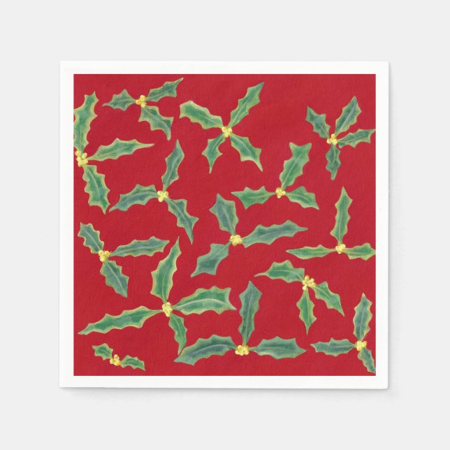 Green Holly Leaves Yellow Flowers Paper Napkins (Front)