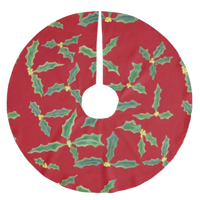 Green Holly Leaves Yellow Flowers Red Tree Skirts (Front)