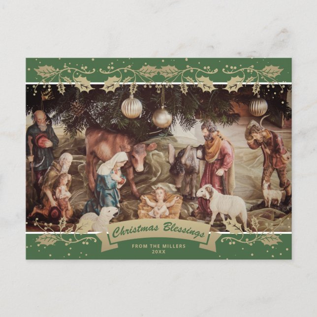 Green Holly Nativity Scene Christian Photo Holiday Postcard (Front)