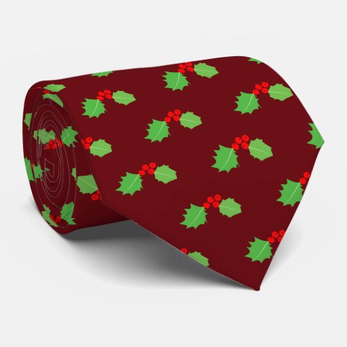 Green Holly Pattern Burgundy Christmas Neck Tie