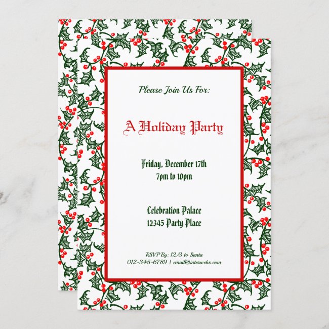 Green Holly Pattern Holiday Party Editable 5x7