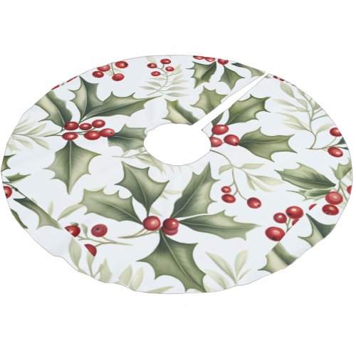 Green Holly Red Berries Christmas Tree Base Cover Brushed Polyester Tree Skirt