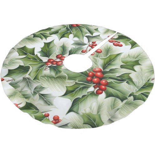 Green Holly Red Berries Christmas Tree Base Cover Brushed Polyester Tree Skirt