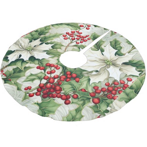 Green Holly Red Berries Christmas Tree Base Cover Brushed Polyester Tree Skirt