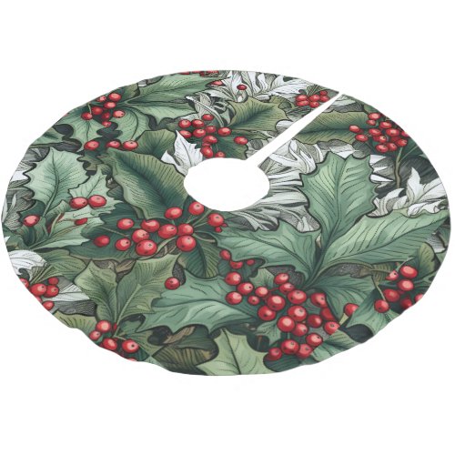 Green Holly Red Berries Christmas Tree Base Cover Brushed Polyester Tree Skirt