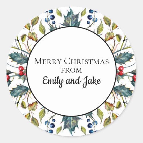 Green Holly Red Berries Custom Merry Christmas Classic Round Sticker