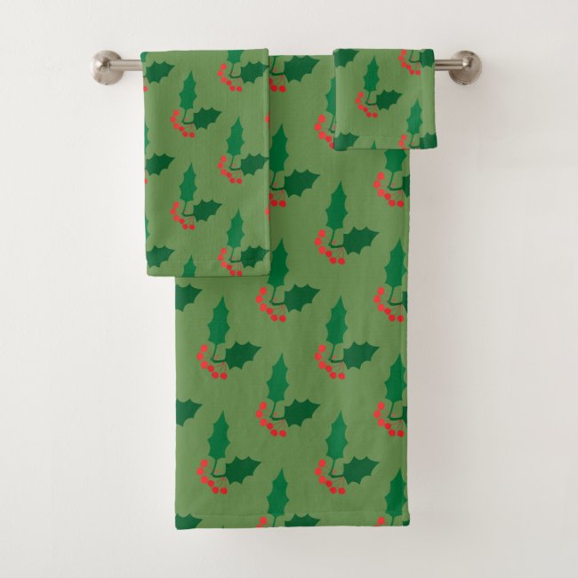 Green Holly Red Berries Holiday Bath Towel Set
