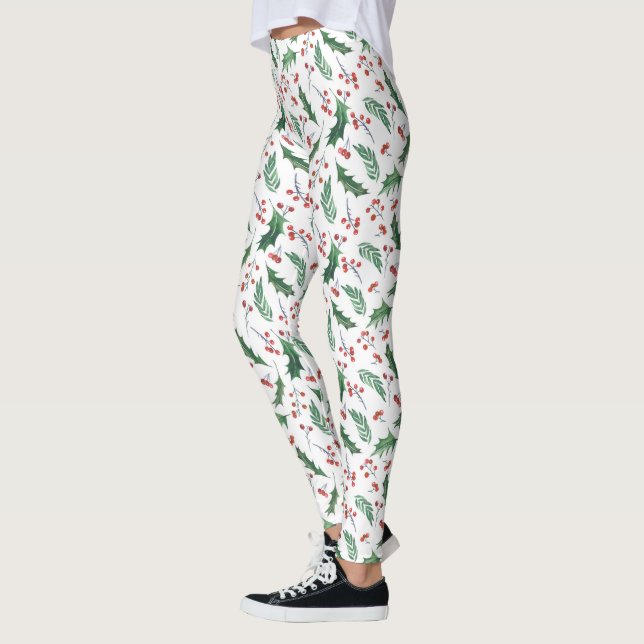 Green Holly Red Berries Holiday Pattern Leggings (Left)