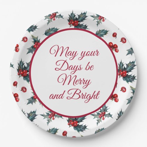 Green Holly Red Berries Merry Bright Christmas Paper Plates