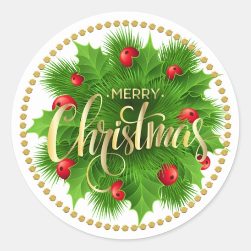 Green Holly  Red Berries Wreath Merry Christmas Classic Round Sticker