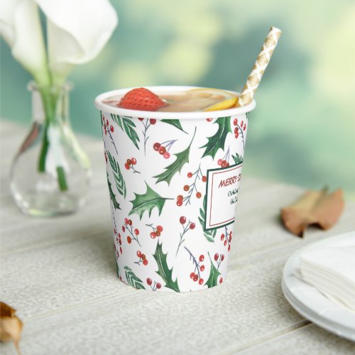 Green Holly Red Berry Pattern Christmas Paper Cups