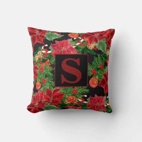 Green Holly Red Poinsettias Black Holiday Monogram Throw Pillow