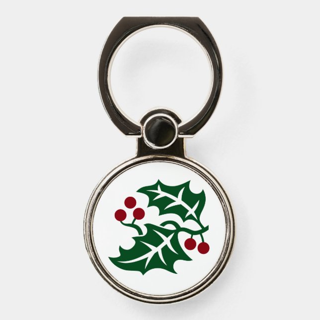 Green Holly with Red Berries Christmas Theme Phone Ring Stand (Front)