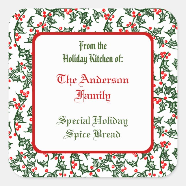 Green Holly with Red Berries Custom Baking Sticker (Front)