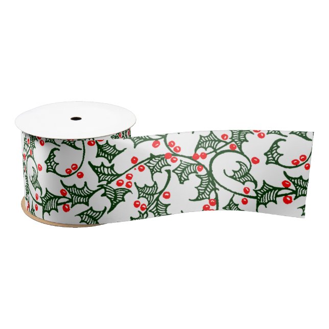 Green Holly with Red Berries Rustic Ribbon (Spool)