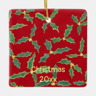 Green Holly Yellow Flowers Christmas Year Ornament