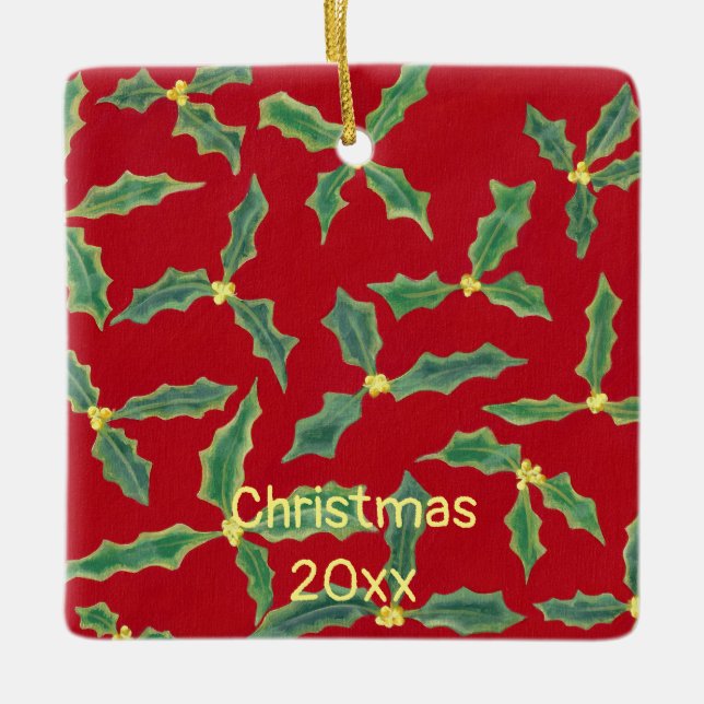 Green Holly Yellow Flowers Christmas Year Ornament (Front)