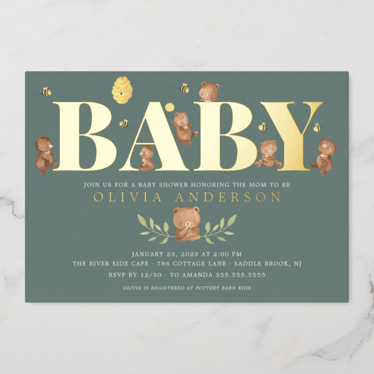 Green Honey Bear Baby Shower Foil Invitation