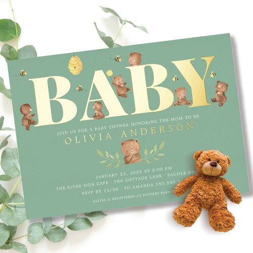 Green Honey Bear Baby Shower  Foil Invitation